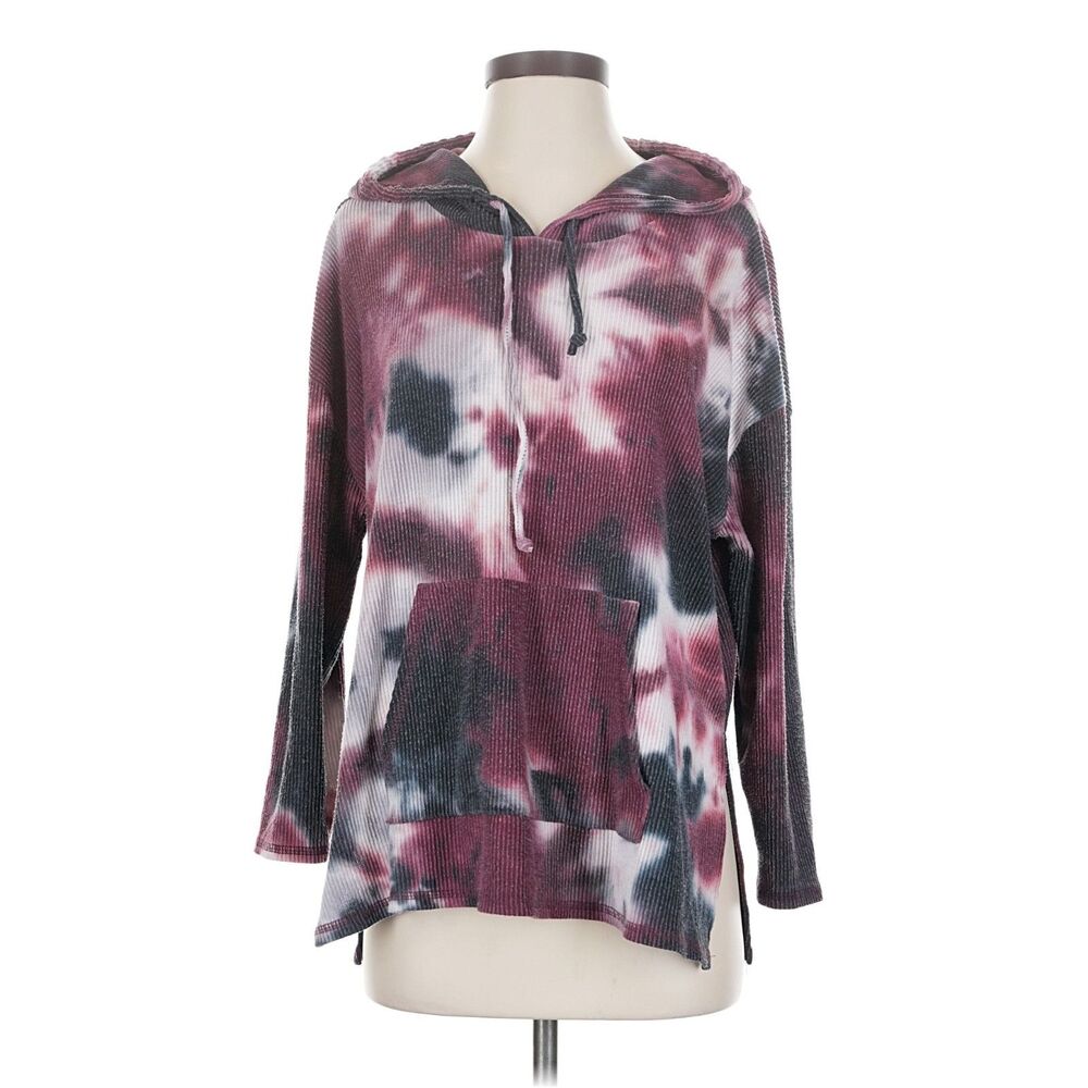 Chaser Burgundy Tie Dye Waffle Knit Hooded Pullover Top Womens Size S
